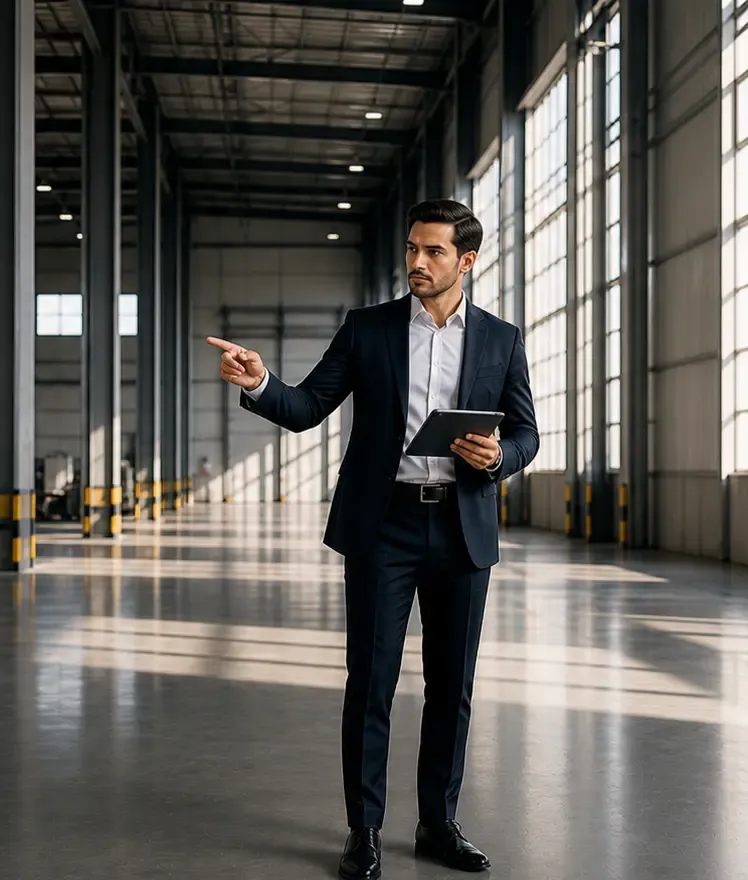 Consultor analizando datos en una planta industrial